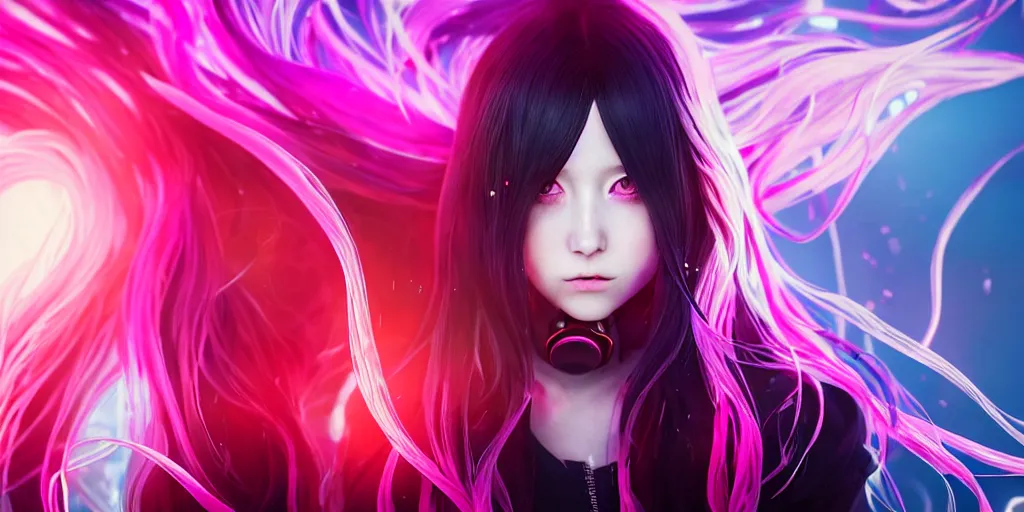 Image similar to beautiful portrait of a woman with pastel long hair floating in the air with her eyes open facing the camera centered with studio headphones on in the style of a code vein character, momo from twice in code vein in the style of WLOP, artgerm, yasutomo oka, rendered in unreal engine and redshift octane , background is surrounded by epic neon glitch effect digital art dynamic dramatic lighting, soft lighting, imagine fx, artstation, cgsociety, by Bandai Namco artist,