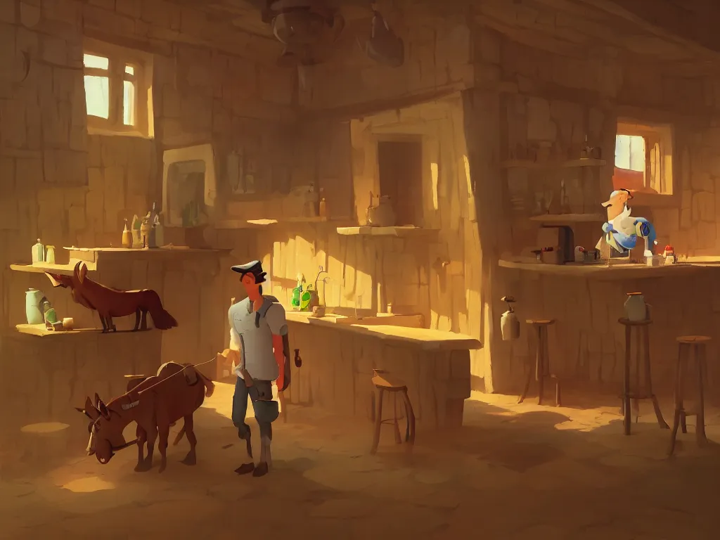 Image similar to Goro Fujita illustrating a mule standing in a beautiful rustic tavern, art by Goro Fujita, sharp focus, highly detailed, ArtStation