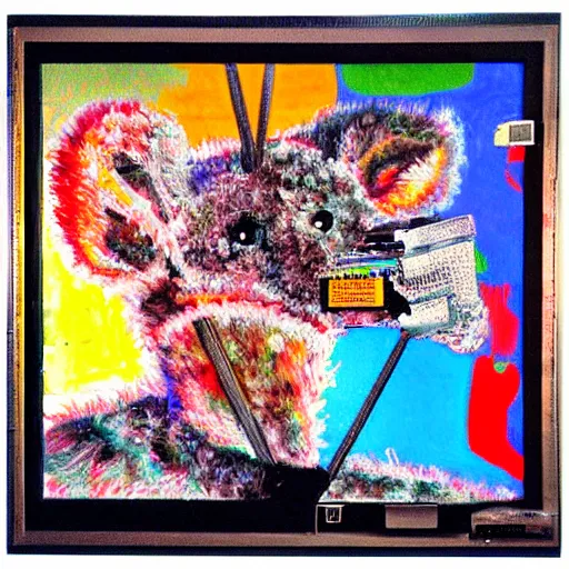 Image similar to made out of fur, array of crt televisions, tv static, antenna, stacked, polaroid, steroids, adult video store, impressionist painting, painting, acrylic painting, cell shaded