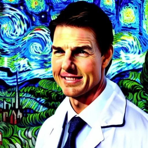 Prompt: Tom Cruise in white lab coat by Van Gogh