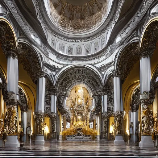 Prompt: white and silver interior of a majestic basilica in ornate Rocco style, high definition, award winning