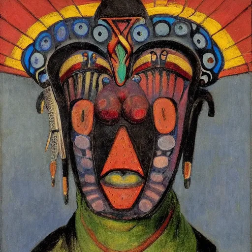 Image similar to head of a shaman wearing a mask made of enamelled flowers, by annie swynnerton and edward hopper and jean delville and john watkiss and rufino tamayo, art deco shaman, stylized geometric flowers, art brut, symbolist, dramatic lighting, god rays, clean crisp graphics, smooth sharp focus, extremely detailed, adolf wolfli