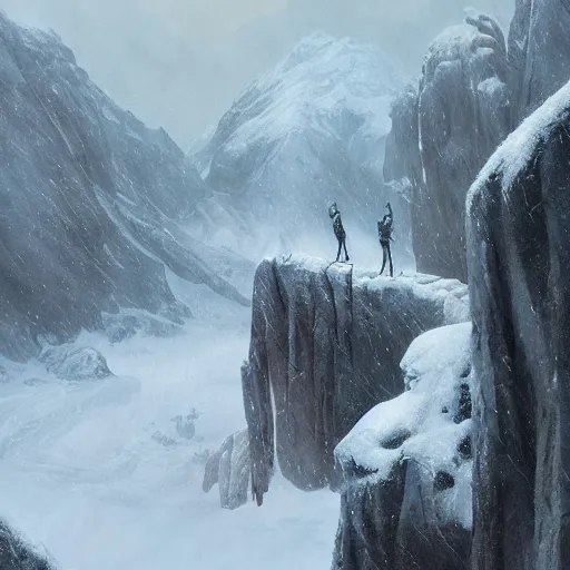 Prompt: an creature with long arms and long neck standing in the blizzardy mountains, Matte painting , detailed painting, greg rutkowski