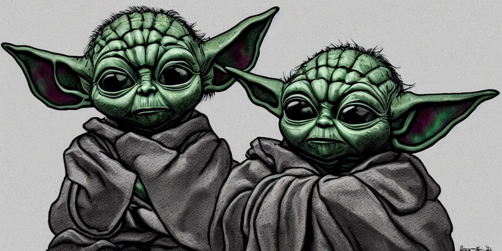 Prompt: Baby Yoda, Portrait, Very Cloudy Sky, Sun, Shadowy, Gothic, Cell Shaded, Bold lines, Outlines, Darkest Dungeon art style, Subject in Middle, Subject in center, Rule of Thirds, 4K, Chris Bourassa Brooks Gordon