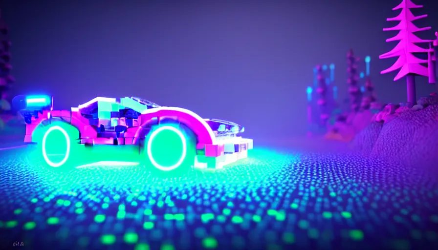 Image similar to luminescent lego car driving on a neon road into the distance with glowing cyberpunk signs leaving long glowing trails, dark magical forest, synthwave, octane render, purple fog, futuristic, sunset, purple rays, reflective mirror puddles, beautiful lighting, ultra realistic, highly detailed, 8 k