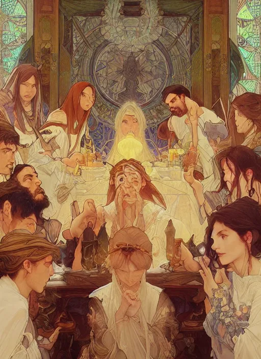 Prompt: the last supper beautiful painting by artgerm and greg rutkowski and alphonse mucha, highly detailed, illustration, epic, fantasy, intricate, hyper detailed, artstation, concept art, smooth, sharp focus, ray tracing