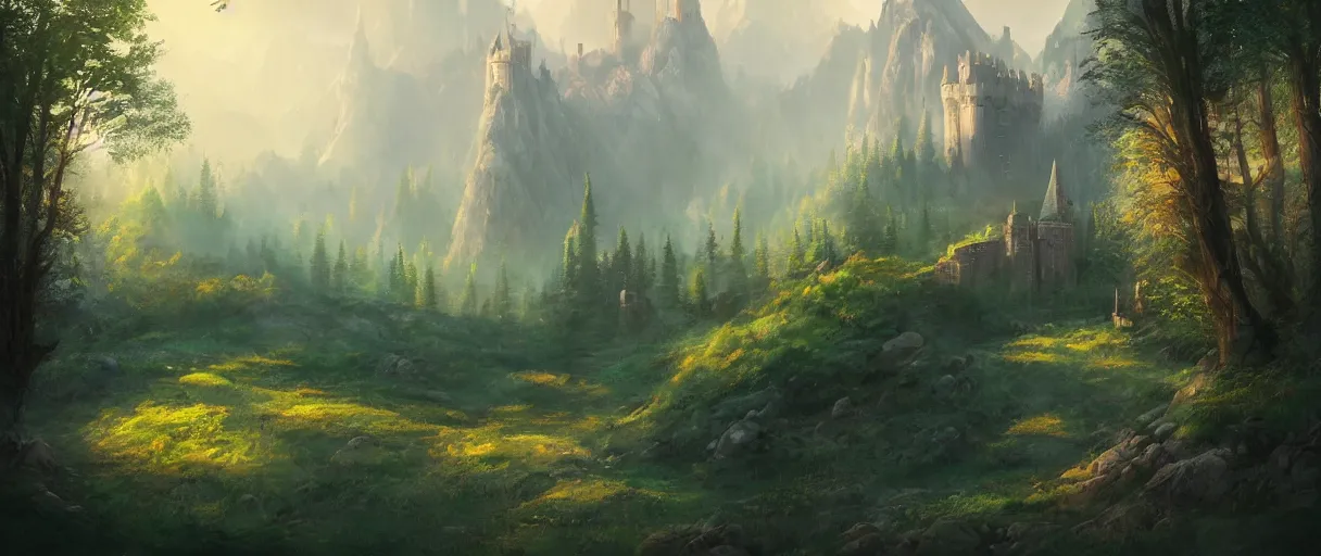Prompt: digital painting of a castle, behind a forest, large mountains in back, concept art, low angle, high detail, warm lighting, volumetric, godrays, vivid, beautiful, trending on artstation, by Jordan grimmer, no focus, huge scene, grass
