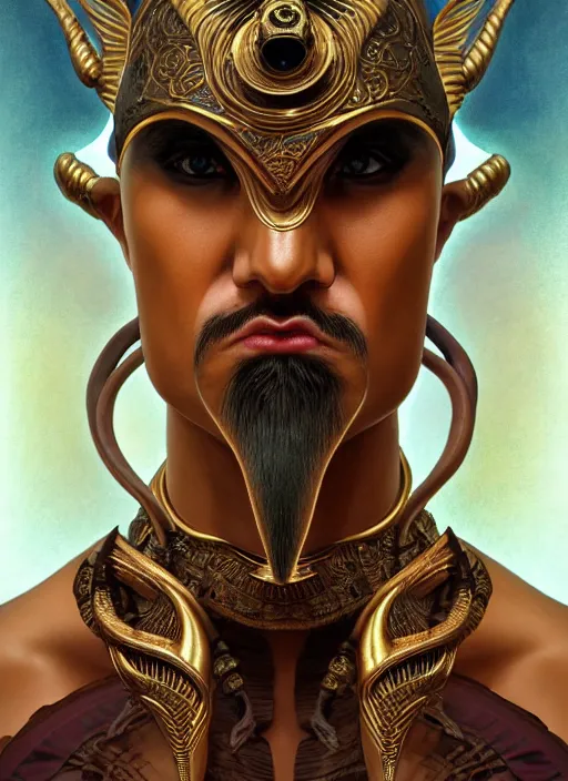 Image similar to angry god shu, bronze skin tone and egyptian wig, pharaoh beard, glowing eyes, volumetric lights, cyan and gold scheme, art nouveau botanicals, gothic, intricate, highly detailed, digital painting, artstation, concept art, smooth, sharp focus, symmetric face, illustration, steampunk, art by artgerm and greg rutkowski and alphonse mucha