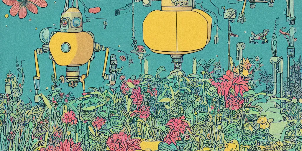 Image similar to vintage grainy scifi style, gigantic robot heads floating above the pool, tiny robots, a lot of exotic flowers and plants, risograph!!!, flat surreal design, super - detailed, a lot of tiny details, fullshot, by codex seraphinianus