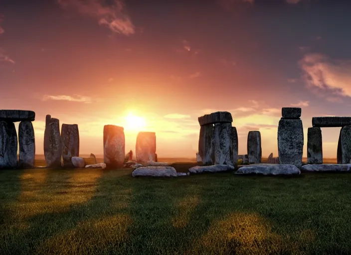 Prompt: sunrise at stonehenge, beautiful dynamic lighting, cinematic, wide angle establishing shot, extremely high detail, photo realistic, cinematic lighting, post processed, concept art, volumetric lighting, official fanart behance, hd, artstation, unreal engine 8k