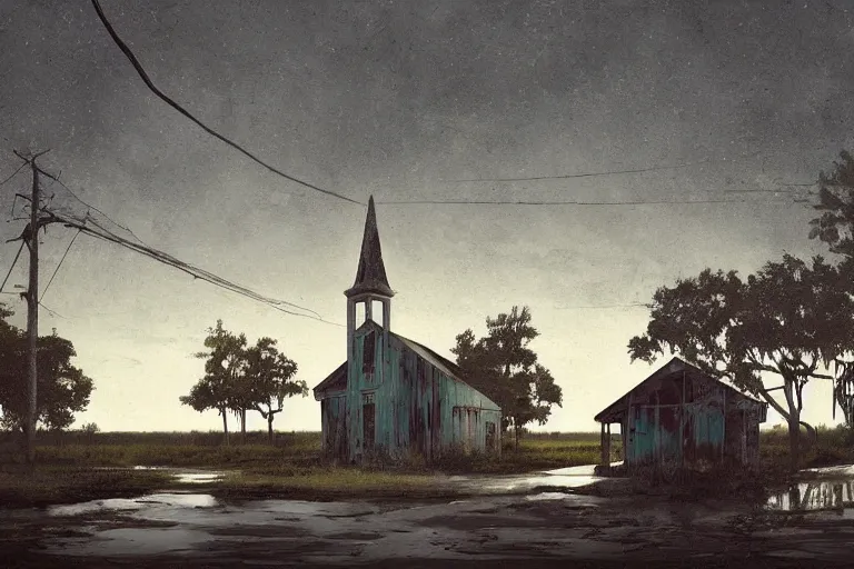 Image similar to scene from louisiana swamps, old protestant church with neon satanic pentagram, junkyard by the road, boy scout troop, voodoo artwork by tim eitel