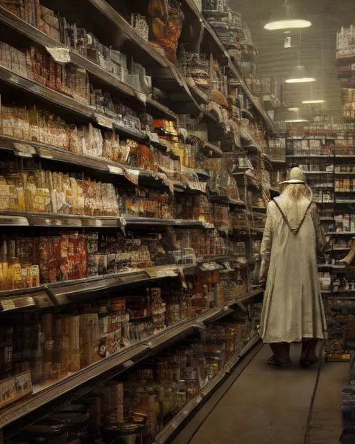 Image similar to gandalf stacking supermarket shelves greg rutkowski, esuthio, craig mullins, cinematic lighting, gloomy