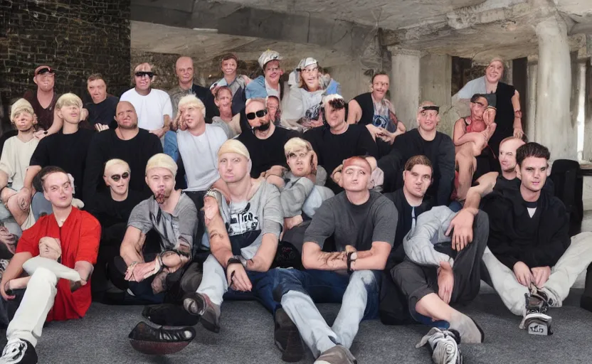 Image similar to a group photo where everyone is sitting. Only the Real Slim Shady is standing up.