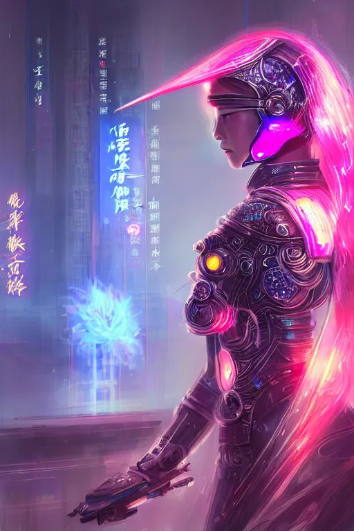 Prompt: portrait futuristic wuxia armor heroine Girl with thunder and fire sparkles and starlight, n future cyberpunk tokyo flowers sea rainning rooftop , ssci-fi, fantasy, intricate, very very beautiful, elegant, human structure, neon light, highly detailed, digital painting, artstation, concept art, smooth, sharp focus, illustration, art by tian zi and WLOP and alphonse mucha