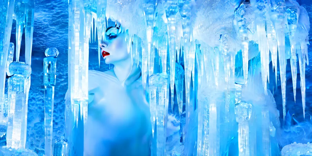 Image similar to inside an ice castle everything made from ice shiny and wet, the ice princess has snow flowing from her fingers, ultra realistic 4 k digital art