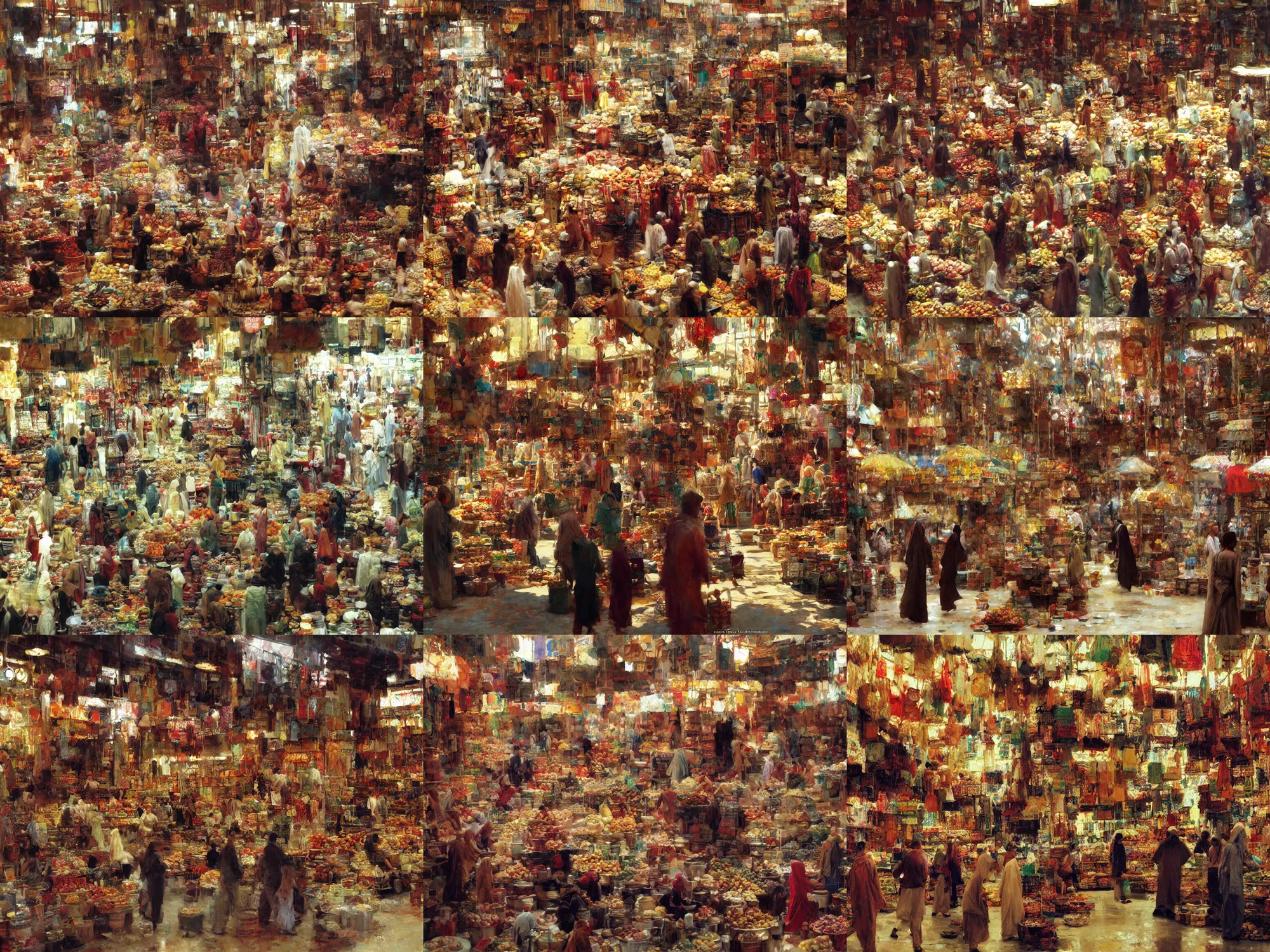 Prompt: inside an arabian market bazaar, hauting, painting by craig mullins, oil on canvas,