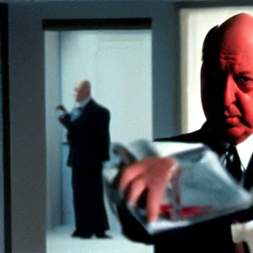 Prompt: Alfred Hitchcock making an appearance in American Psycho (1999)