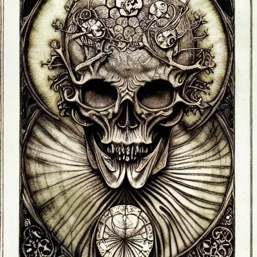 Image similar to memento mori by arthur rackham, art forms of nature by ernst haeckel, exquisitely detailed, art nouveau, gothic, ornately carved beautiful skull mask dominant, intricately carved antique bone, art nouveau botanicals, ornamental bone carving, art forms of nature by ernst haeckel, horizontal symmetry, ernst haeckel, symbolist, visionary