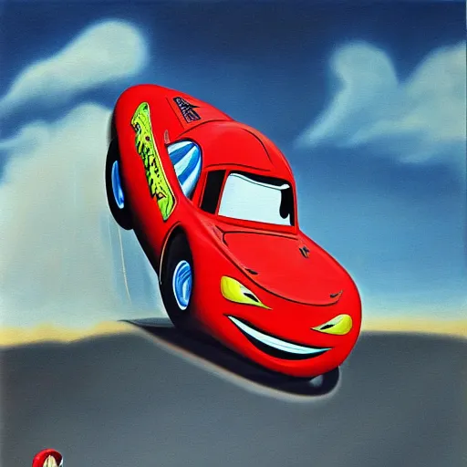 Prompt: a surrealist painting of Lightning McQueen,