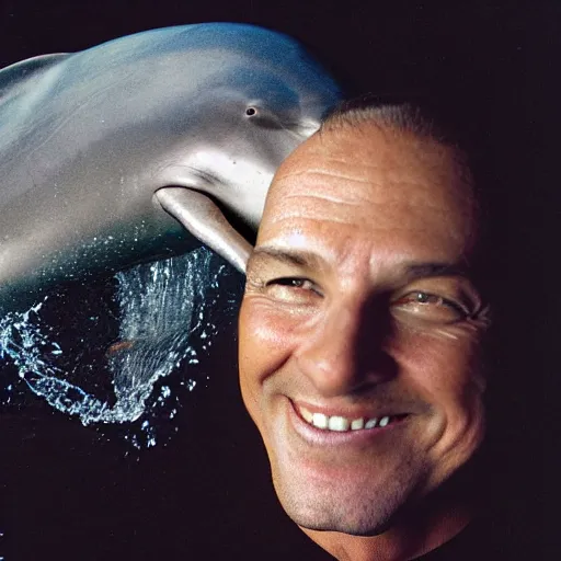 Prompt: ultra realistic photo portrait of a dolphin man with a big hole on the forehead, by Annie Leibovitz,