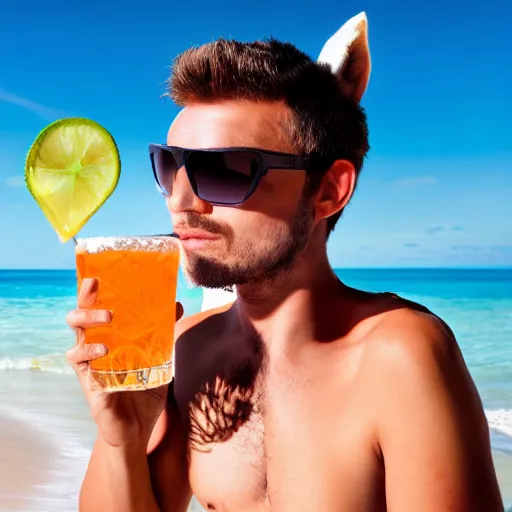 Prompt: a human with a donkey head wearing cool sunglasses is holding a coctail at the beach, 8k, hyper-detailed, photorealistic