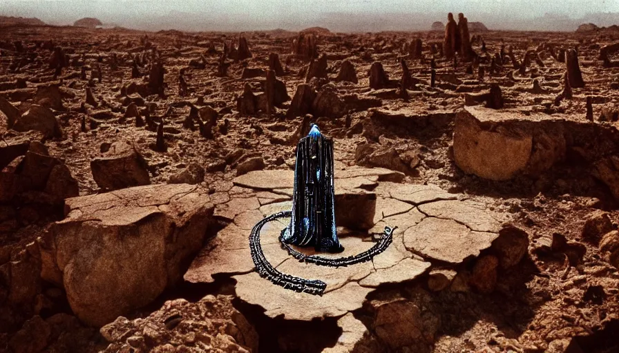 Image similar to levitating salvador dali dressed in jewels costume in a dry rocky desert landscape, alien city ruins designed by giger, giant abandoned alien city by christopher doyle and alejandro jodorowsky, anamorphic lens, kodakchrome, cinematic composition, very detailed photo, 8 k