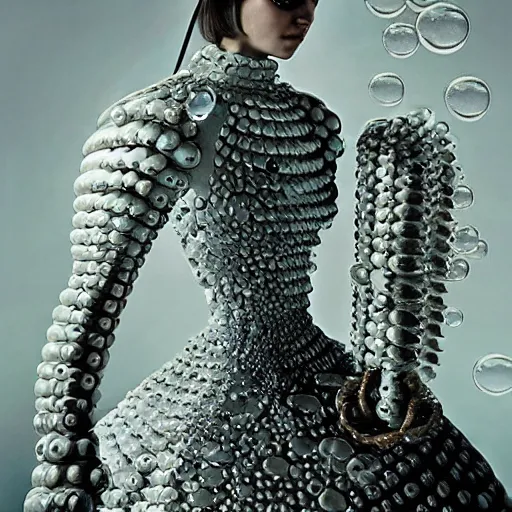 Prompt: medium shot of a woman wearing an armor made of bubbles. soft. fragile. by ray caesar. by louise dahl - wolfe. by anna claren. surreal photography