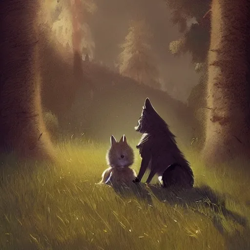 Prompt: A beautiful painting of an anthropomorphic wolf and rabbit sitting in a field and hugging, artstation trending, greg rutkowski