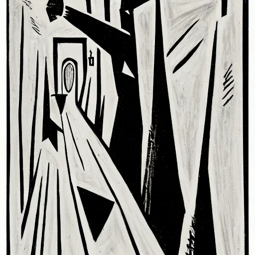 Image similar to cabinet of dr caligari, linocut print,