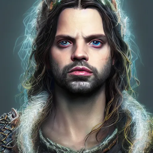 Prompt: a digital art close up portrait of pale sebastian stan as ancient druid mage from warhammer, old nature mage with long beard character sheet, 4 k, ultra detail, volumetric lighting, unreal engine, octane render