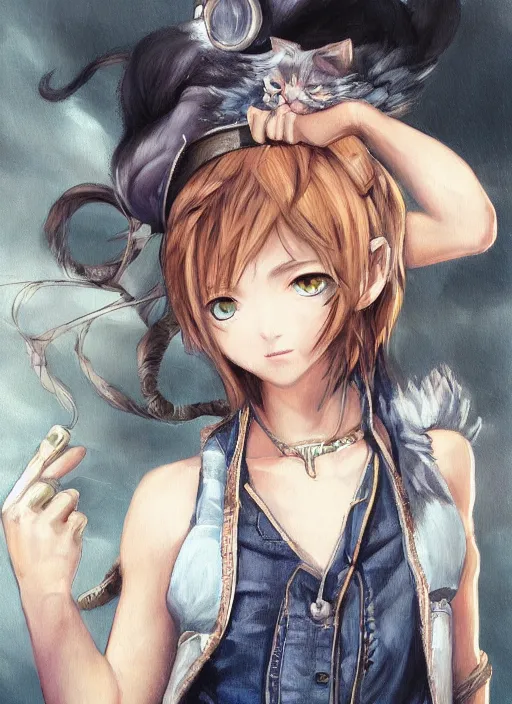 Image similar to a portrait of catgirl wearing white vest, and denim shorts an ultrafine detailed painting, detailed painting, detailed eyes!!, final fantasy, octopath traveler