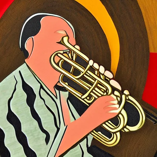 Image similar to marquetry art of jazz musician playing trumpet solo