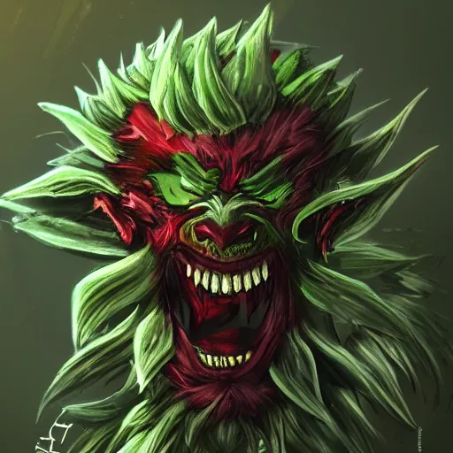 Prompt: A fierce plant monster with mean eyes and an evil smile, trending on art station