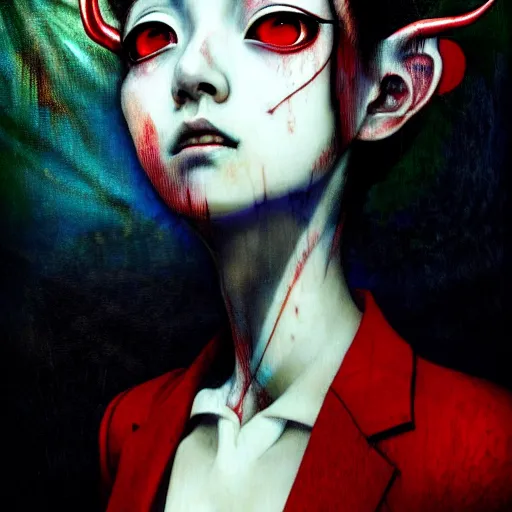 Image similar to yoshitaka amano blurred and dreamy realistic three quarter angle horror portrait of a sinister young woman with short hair, horns and red eyes wearing office suit with tie, junji ito abstract patterns in the background, satoshi kon anime, noisy film grain effect, highly detailed, renaissance oil painting, weird portrait angle, blurred lost edges