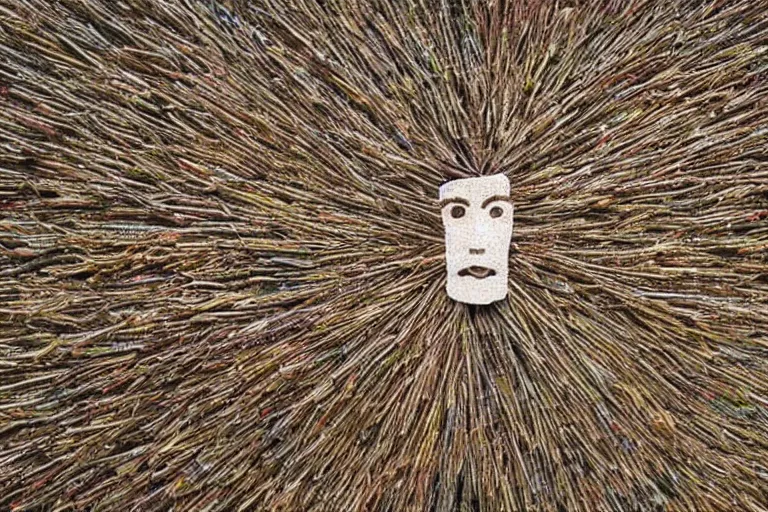 Image similar to a child made out of needles surrounded by people made of haystacks