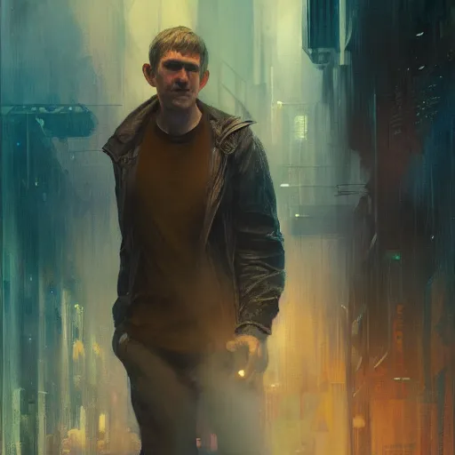 Image similar to bo burnham, hyperrealistic portrait, bladerunner street, art of elysium by jeremy mann and alphonse mucha, fantasy art, photo realistic, dynamic lighting, artstation, poster, volumetric lighting, very detailed face, 4 k, award winning