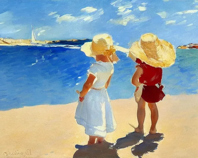 Image similar to a couple and a girl toddler on a beach in sardinia looking at a sailing boat, the man is wearing a panama hat, the woman has long dark hair, white sand, blue sky, summer, white and blue, painting by joaquin sorolla