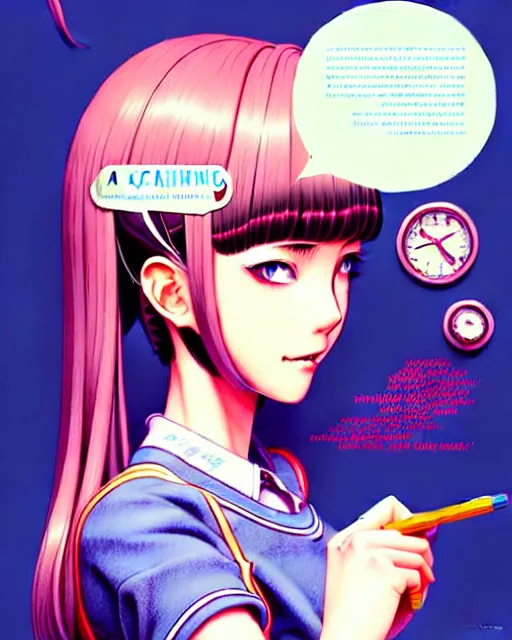 Image similar to a richly detailed color  illustration depicting a pretty teenage secret android woman as a snobby prep highschool student surrounded by beautiful cursive writing while she does maintenance on the machinery in her head, large format image. illustrated by Artgerm and Mina Petrovic and Range Murata. 3D shadowing.