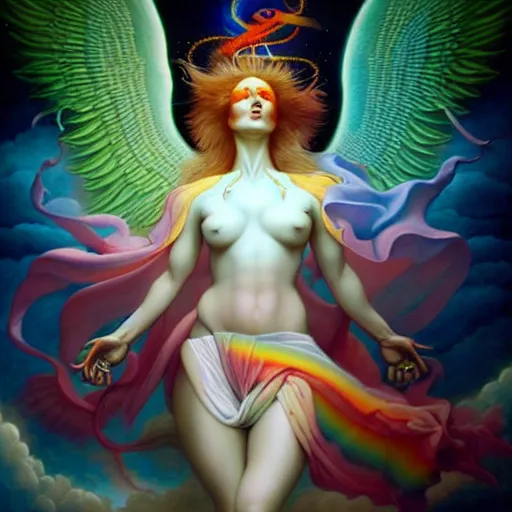 Image similar to psychedelic angelic celestial being artwork of peter mohrbacher, by henry fuseli, ayahuasca, frank xavier leyendecker, energy body, sacred geometry, esoteric art, rainbow colors, divinity detailed, realism, saturated colors,