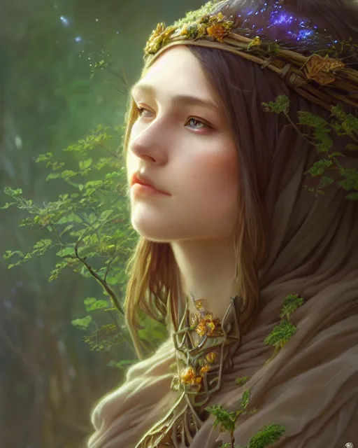 Prompt: beautiful female druid, portrait, fantasy, young, detailed, hyperrealism, intricate, leaves and simple cloth, dynamic lighting, digital art, digital painting, artstation, wlop, sharp focus, illustration, art by artgerm and greg rutkowski and alphonse mucha, 8 k