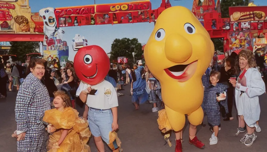 Image similar to 1990s candid photo of a beautiful day at the park, cinematic lighting, cinematic look, golden hour, costumed packaged food mascot people in the background, Enormous personified packaged food mascot people with outstandingly happy faces talking to families, UHD