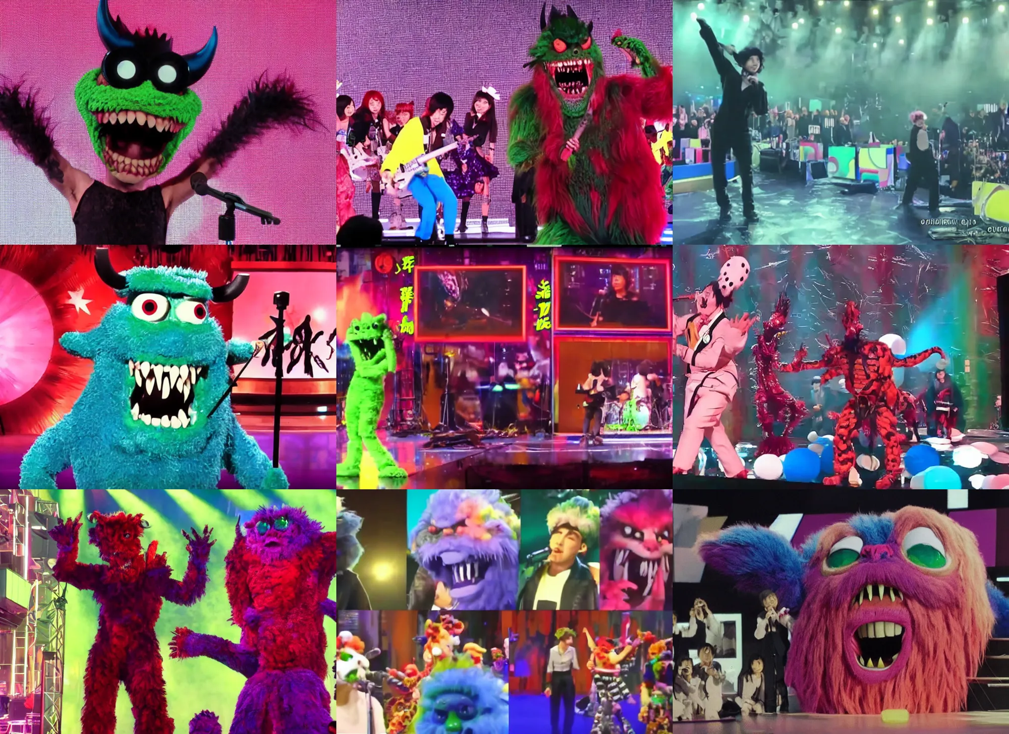 Prompt: color video footage, a monster on the stage, japanese tv show.