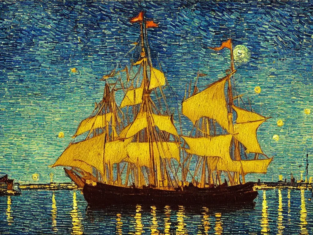 Prompt: oil painting of a viking longship entering port at new york city at night, light scatter, van gogh
