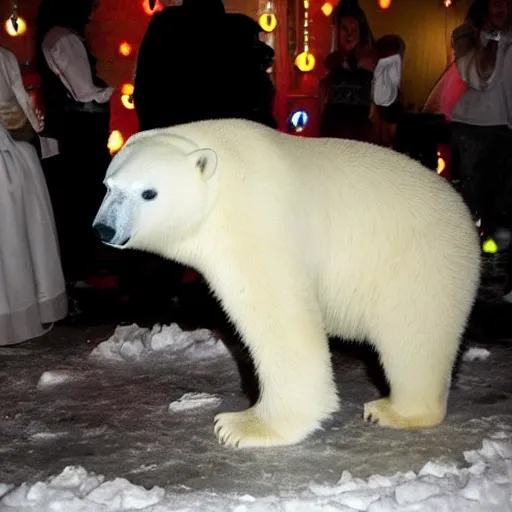 Prompt: little polar bear partying, drink, nigh club