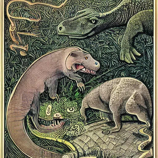 Prompt: a ferret and a dinosaur, colored woodcut, poster art, by Mackintosh, art noveau, by Ernst Haeckel