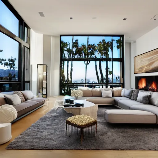 Prompt: a modern villa living room in los angeles, hyper - realistic