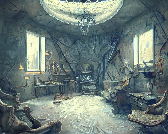 Prompt: a painting of a confusing maximalistic room, an airbrush painting by breyten breytenbach, striking lighting, cgsociety!, neo - primitivism