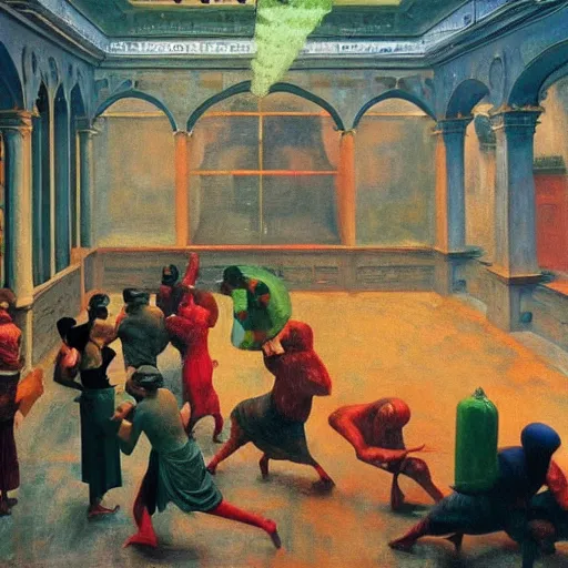 Prompt: a medieval battle in mumbai, hyperrealistic film still by edward hopper, by gottfried helnwein, by klimt, art nouveau, highly detailed, strong lights, liminal, eerie, metaphysical, bright pastel colors,