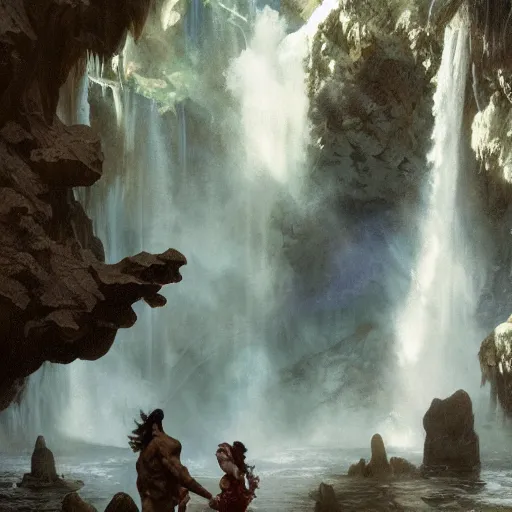 Prompt: an extremely detailed matte painting of a throuple dancing in a cavern behind a waterfall, epic fantasy, viewed in profile from far away, sharp focus, detailed face, art by greg rutkowski and alphonse mucha, volumetric lighting, 4 k resolution, trending on artstation, masterpiece