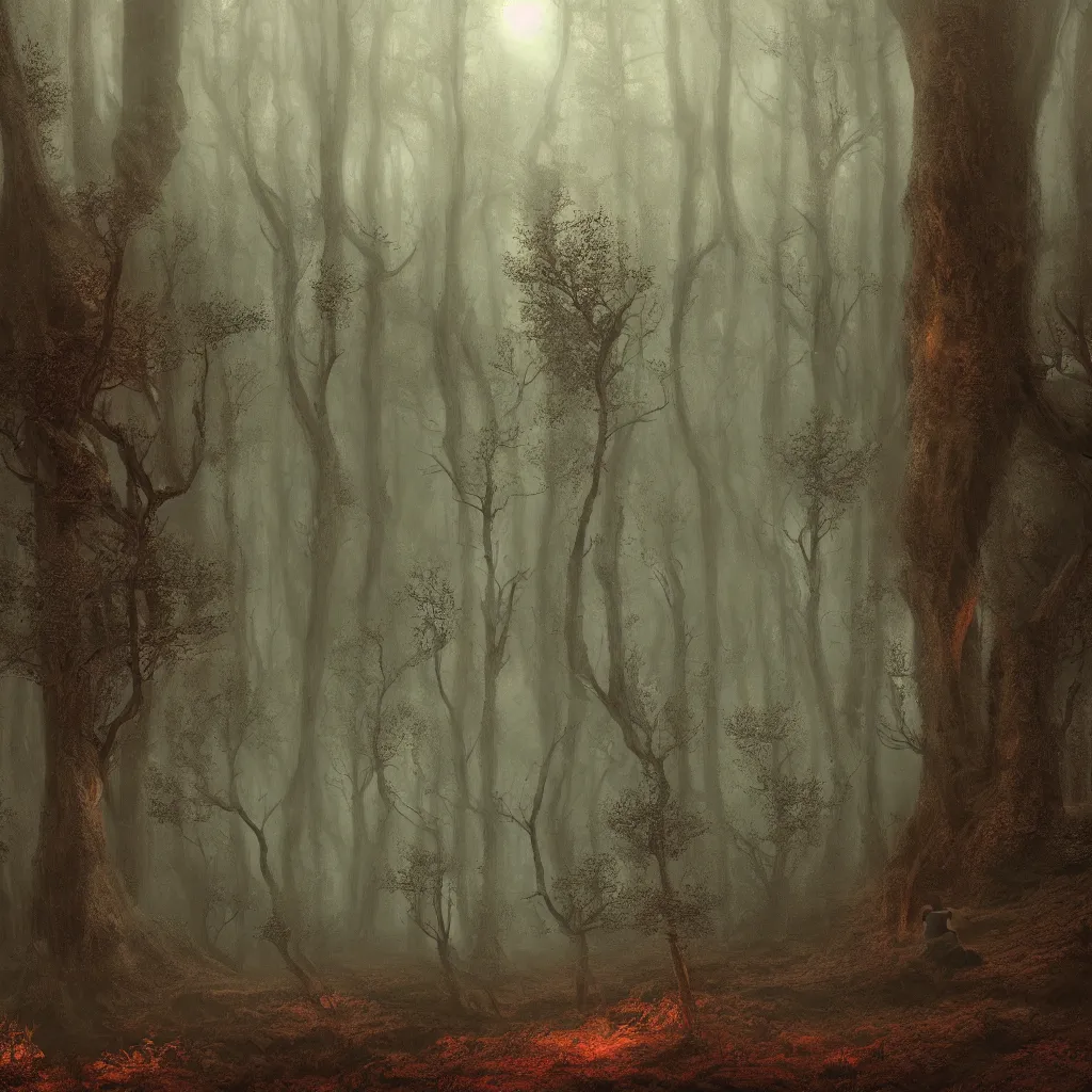 Image similar to Photorealistic nightmare in the foggy woods in the style of Michael Whelan and Gustave Dore. Hyperdetailed photorealism, epic scale, misty, 108 megapixels, amazing depth, glowing rich colors, powerful imagery, psychedelic Overtones, 3D finalrender, 3d shading, cinematic lighting, artstation concept art